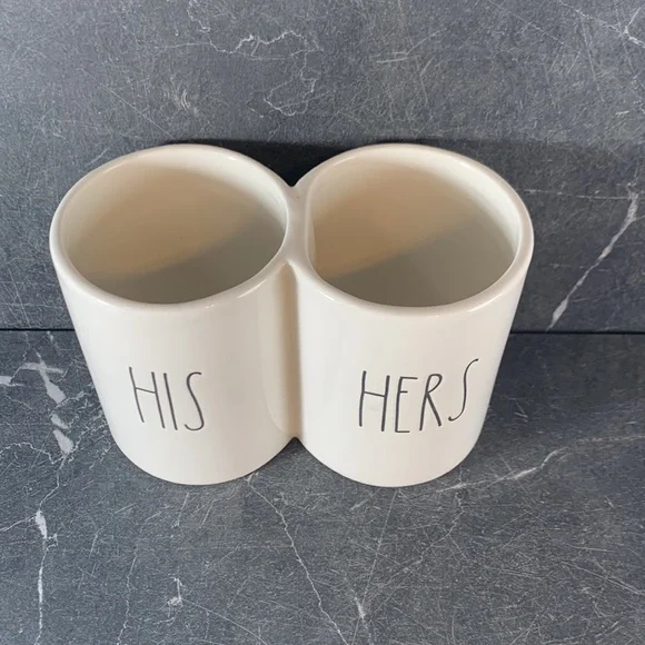 Rae Dunn Ceramic cream color HIS HERS cup for brushes - Picture 2 of 4